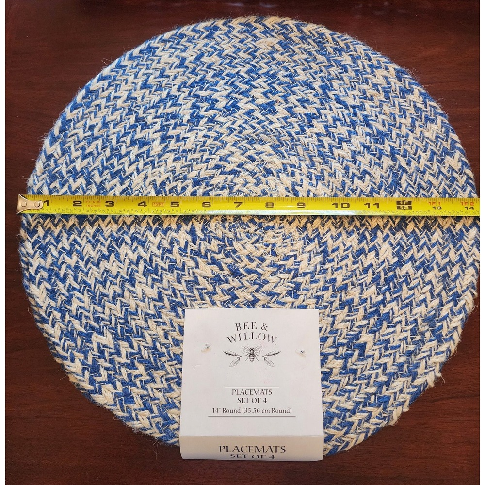New Set Four Bee & Willow Round Woven Jute Placemats Coastal Kitchen Decor 14"